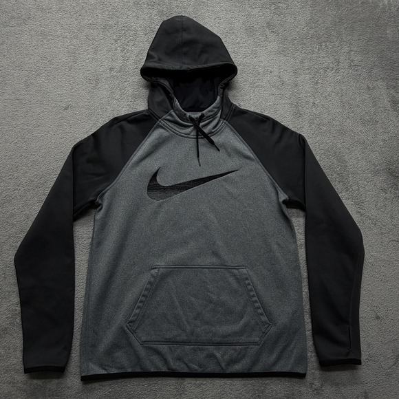 Nike Hoodie Mens Medium Gray Black Therma-Fit Pullover Swoosh Fleece 695596-066 - Picture 1 of 8